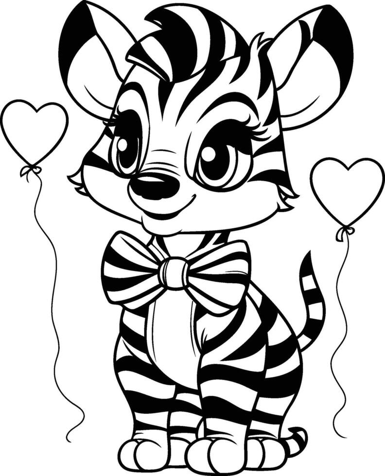 Black and white illustration of a cute cartoon zebra with heart shaped balloons vector