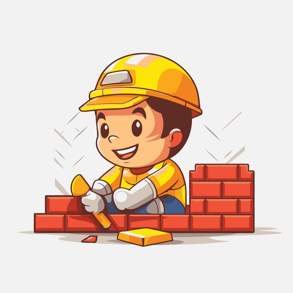 Cartoon boy building a brick wall with a hammer illustration vector