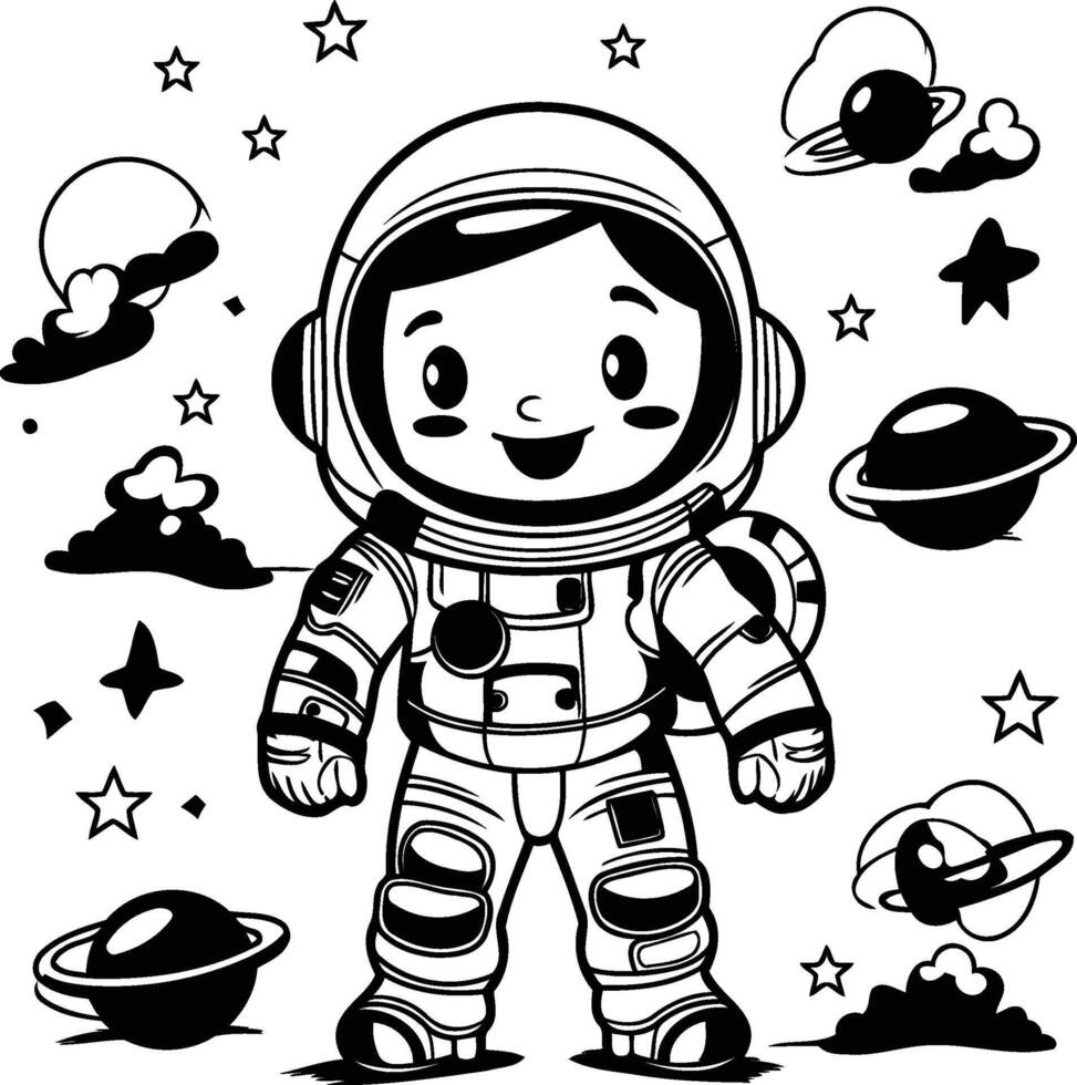 Cute cartoon astronaut in space Black and white illustration vector