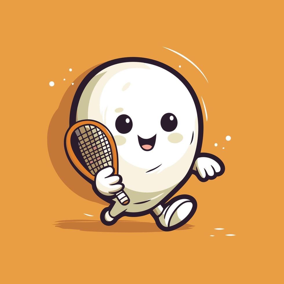Cute ball playing tennis cartoon character illustration on orange background vector