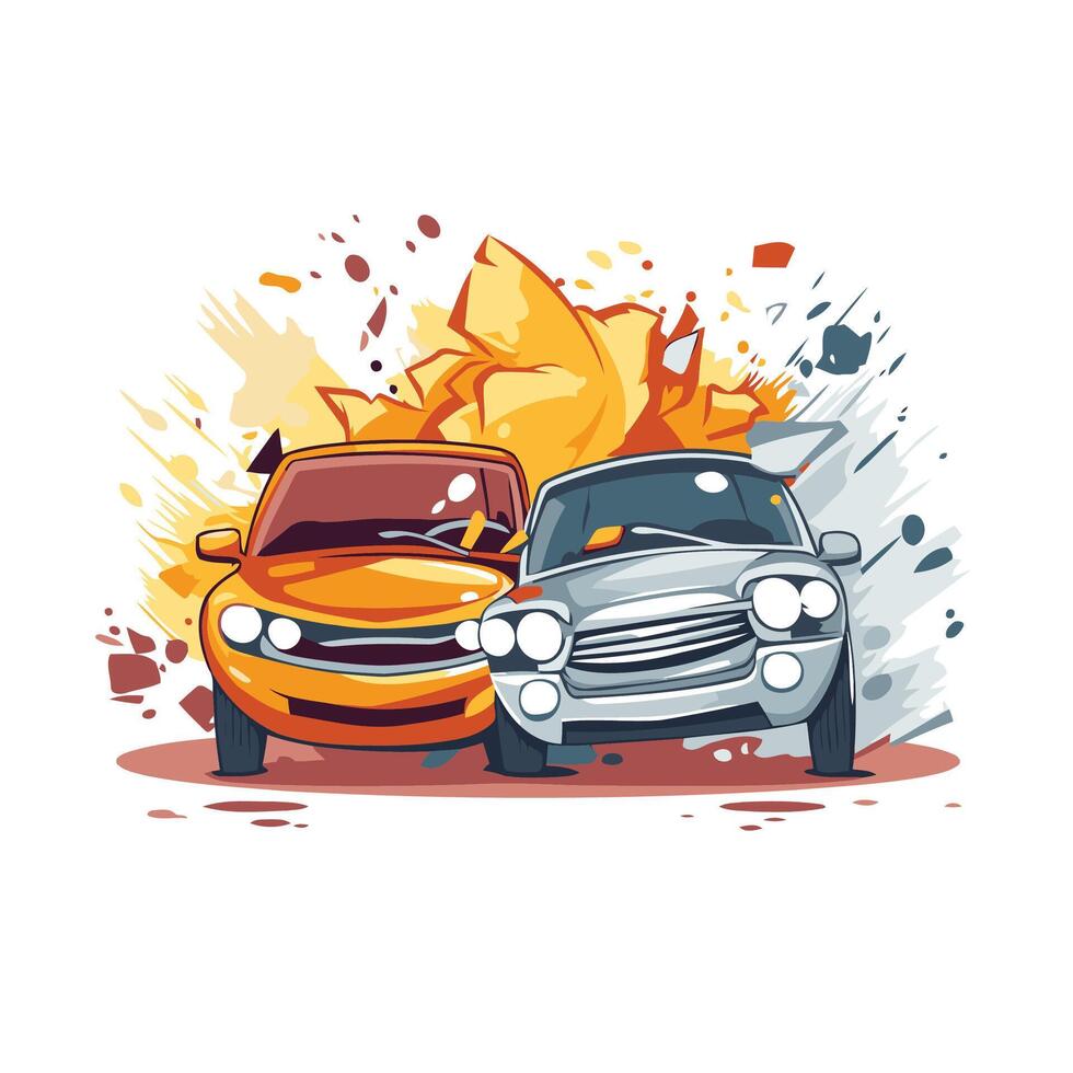 illustration of a car crash on white background with splashes vector