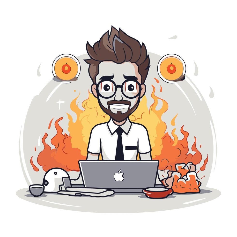 illustration of a cartoon man working on a laptop in a fire vector