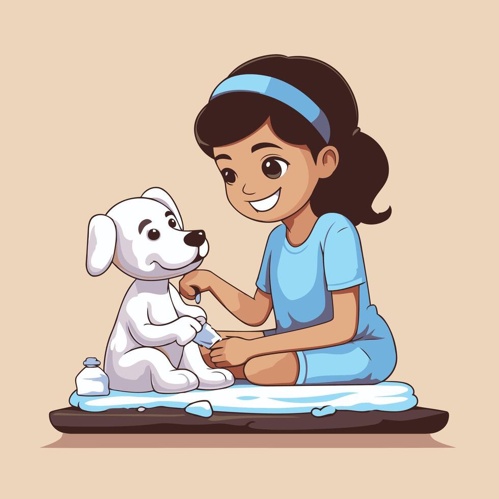 illustration of a cute little girl playing with a white dog vector