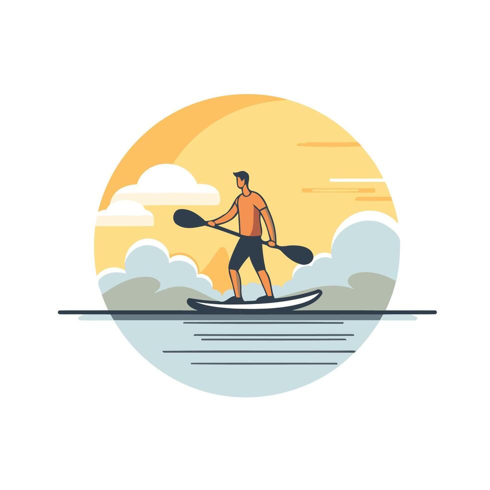 Man paddling on stand up paddle board Flat style illustration vector