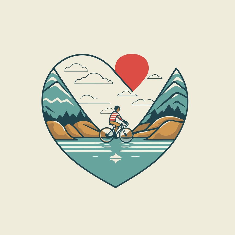 illustration of a man riding a bicycle on a mountain river vector