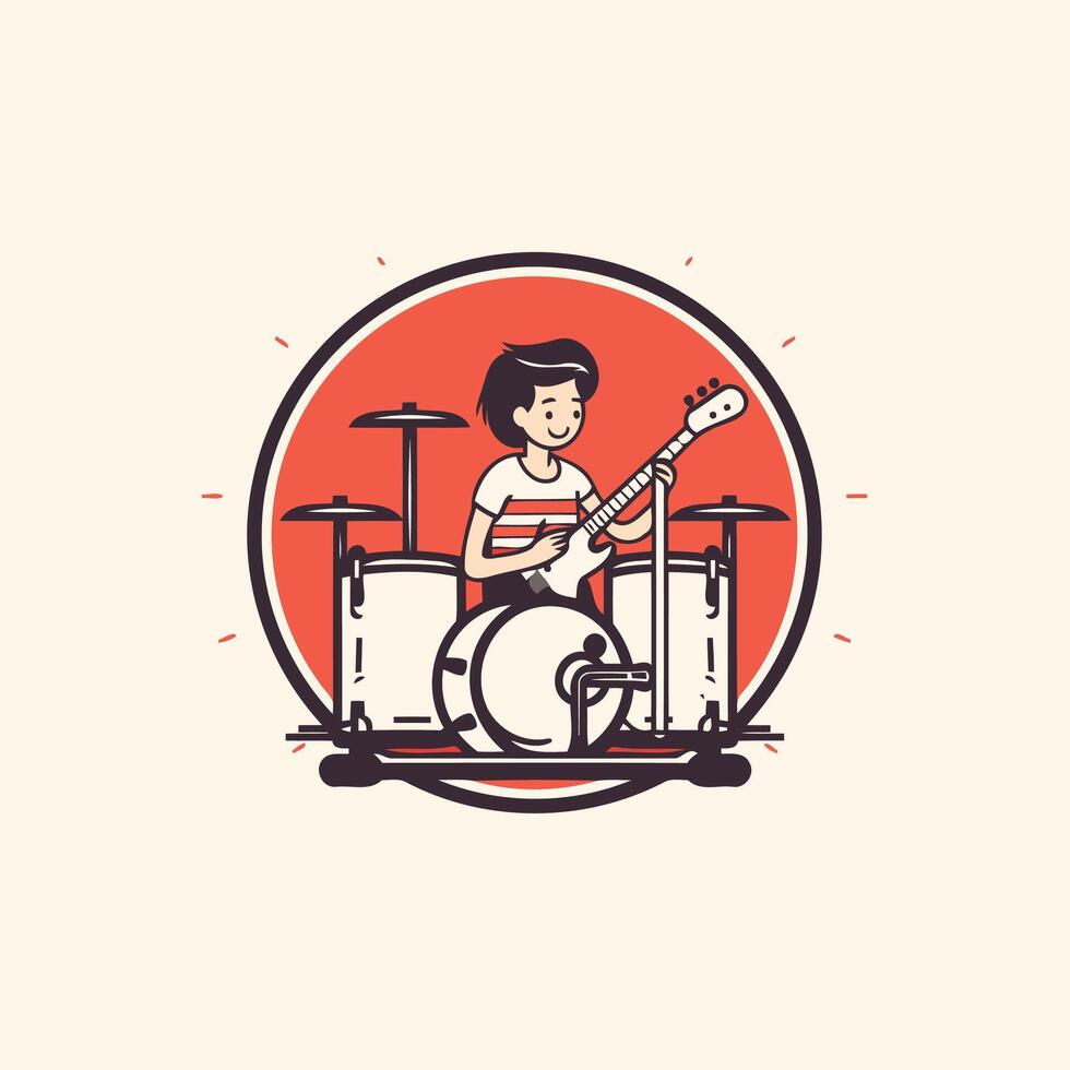 Musician playing the drum set illustration in flat style vector