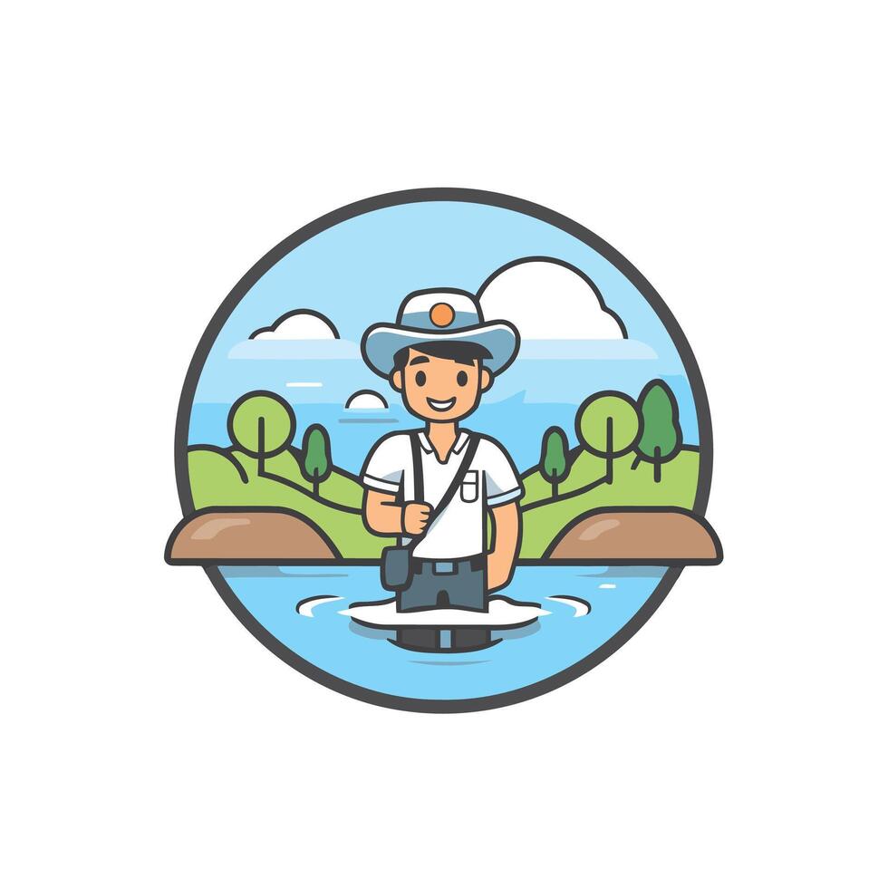 Fisherman with rod in the river illustration in flat style vector