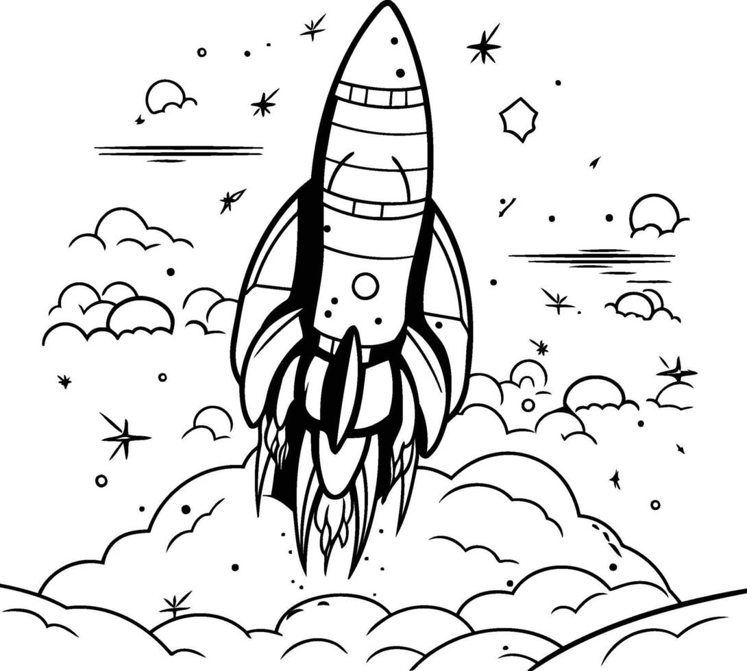 Rocket in the sky Coloring book for children illustration vector