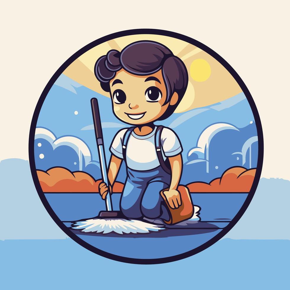 Cute cartoon boy with a fishing rod on the lake illustration vector