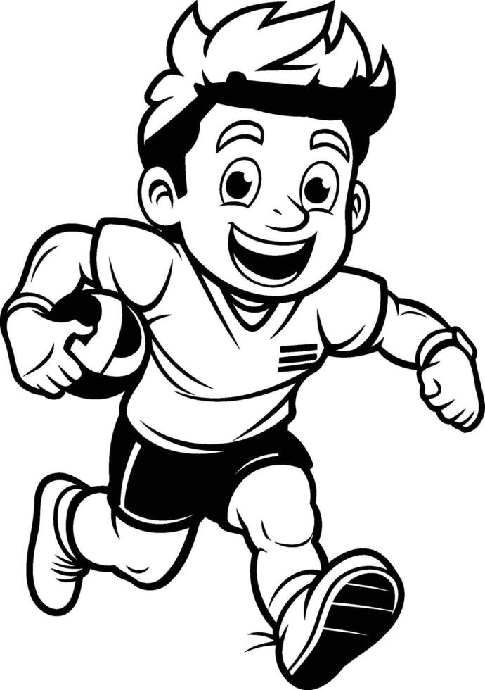 Running Boy Black and White Cartoon Illustration Isolated on White Background vector
