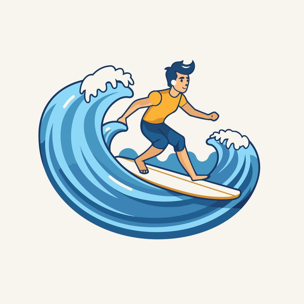 Surfer on a blue wave illustration in cartoon style vector