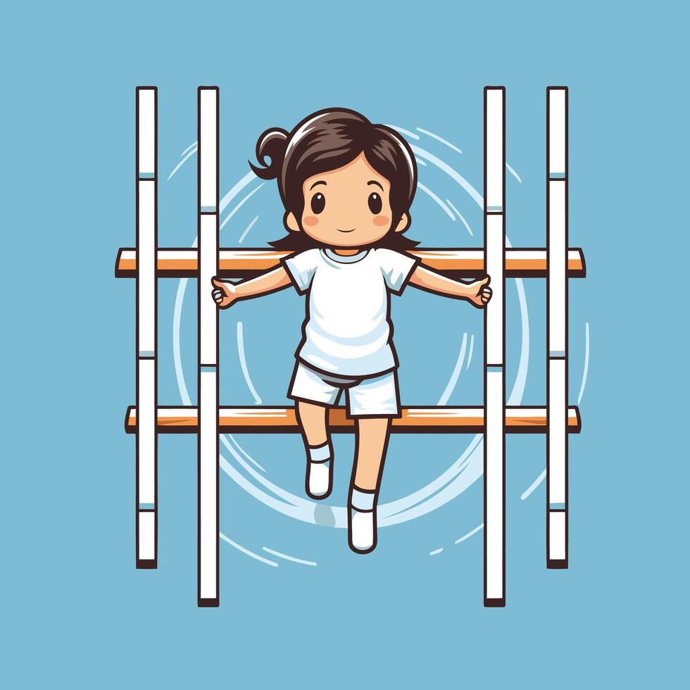 Girl climbing on a horizontal bar isolated on blue background illustration vector