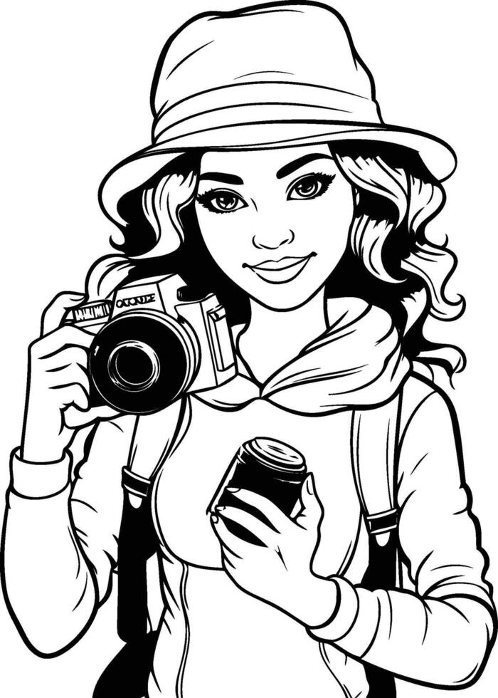 Beautiful girl with camera illustration in black and white vector