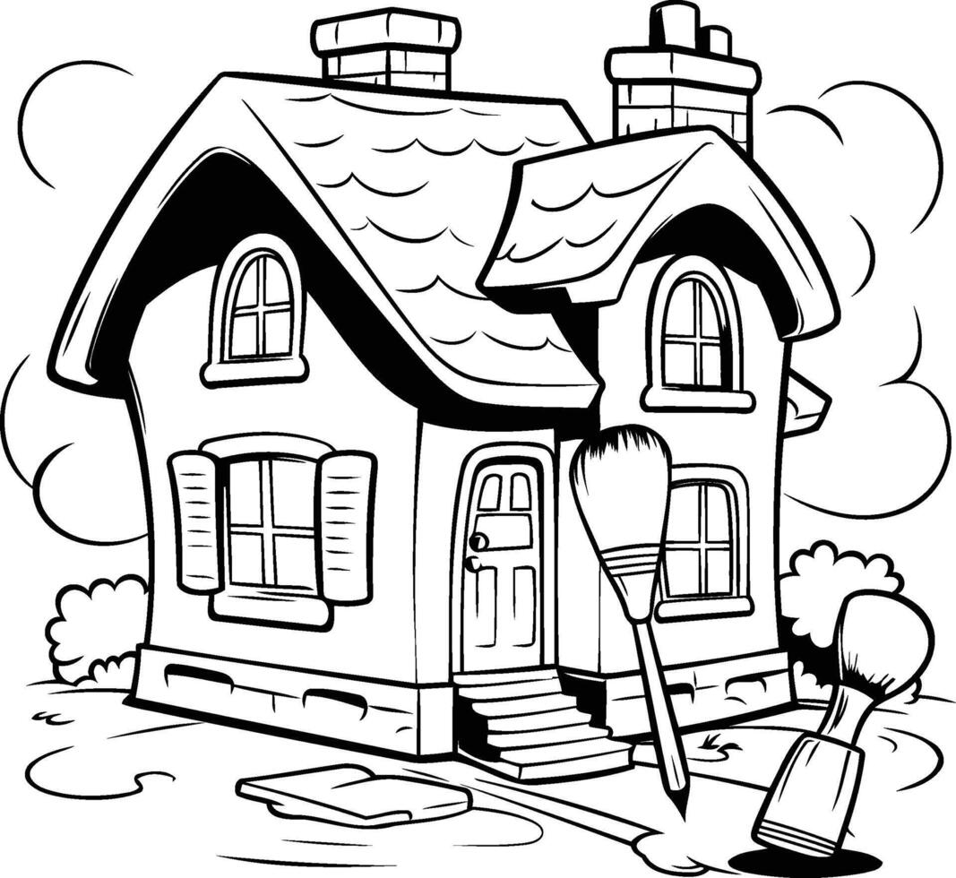 Black and White Cartoon Illustration of House with Paintbrush for Coloring Book vector