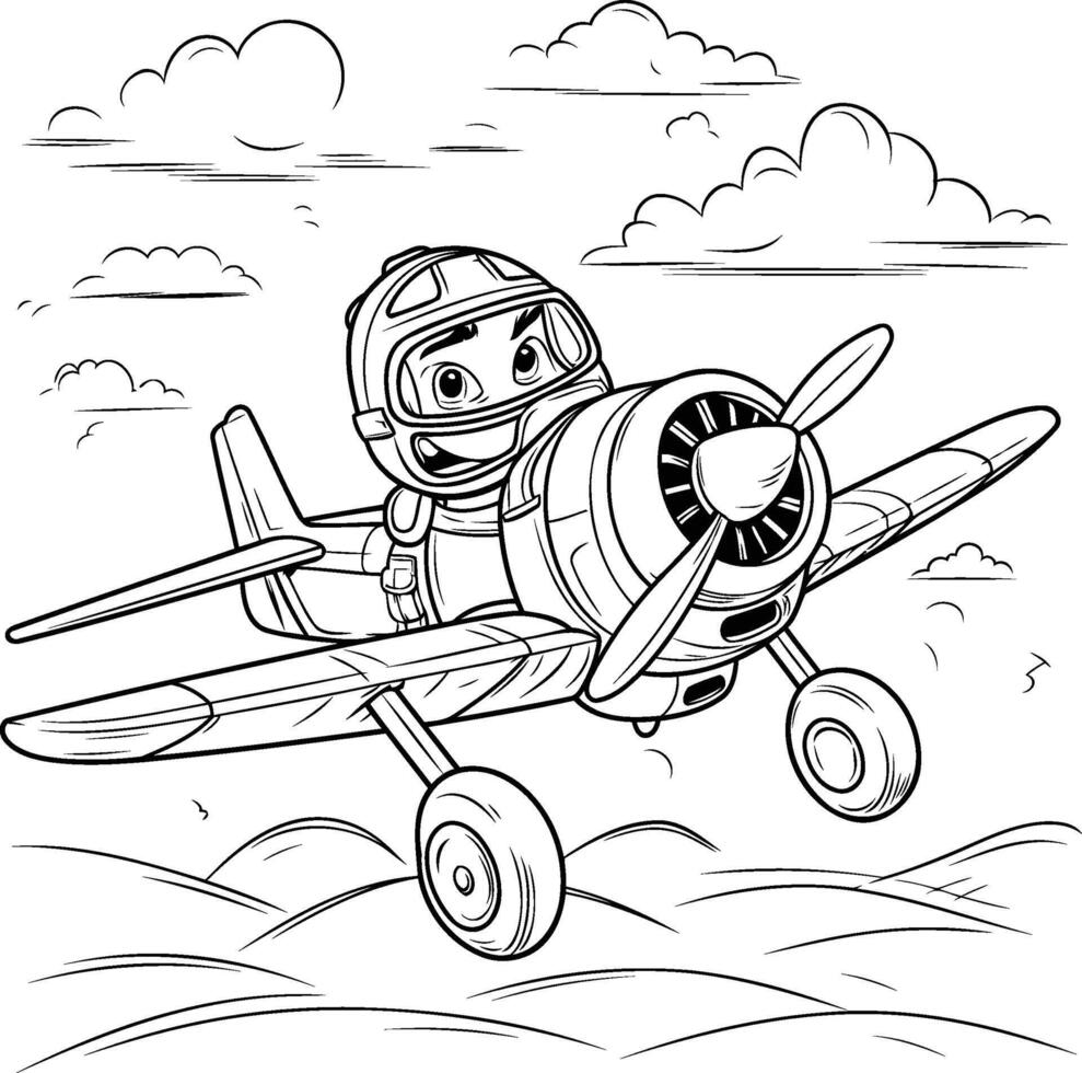 Cartoon illustration of a pilot with a propeller plane flying in the sky vector