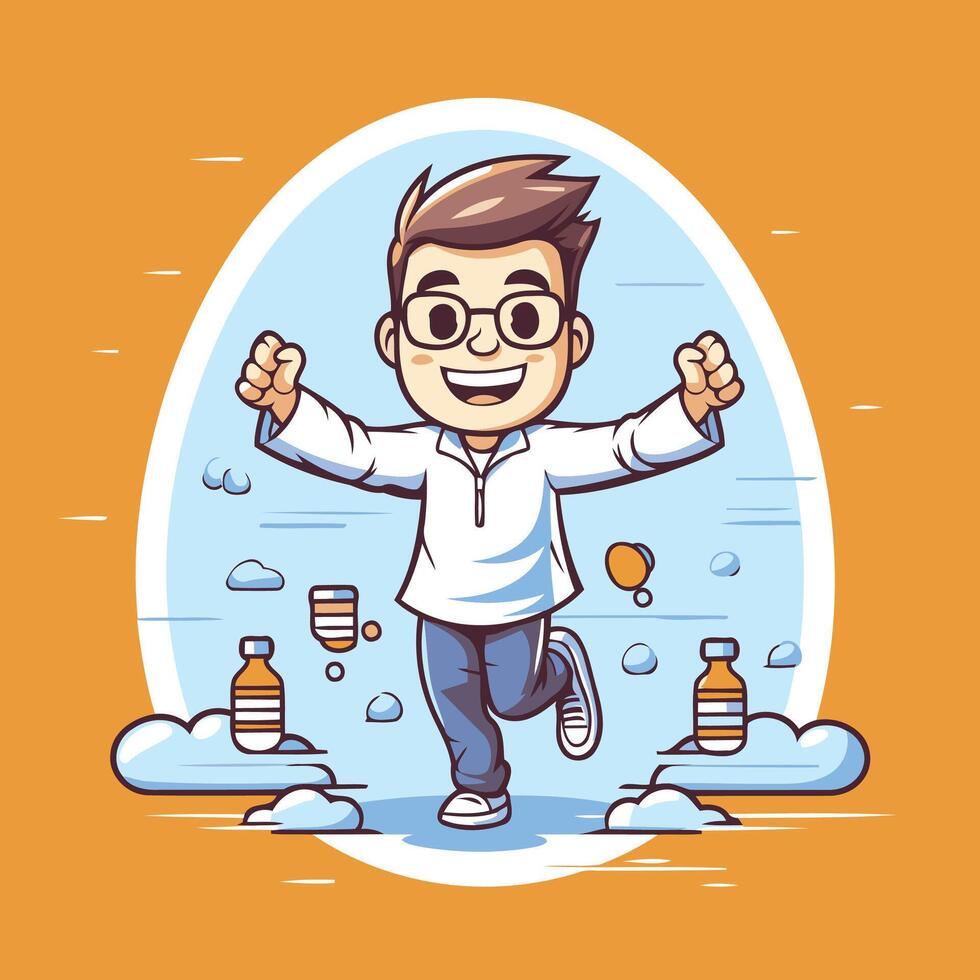 Cute cartoon boy jumping in the snow character illustration vector
