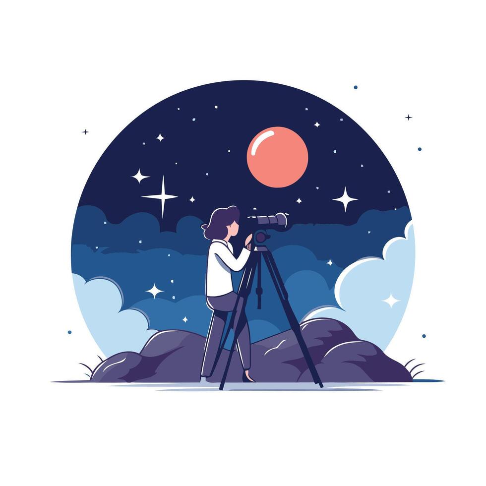 illustration of a woman photographer with a camera on a tripod taking pictures of the night sky vector