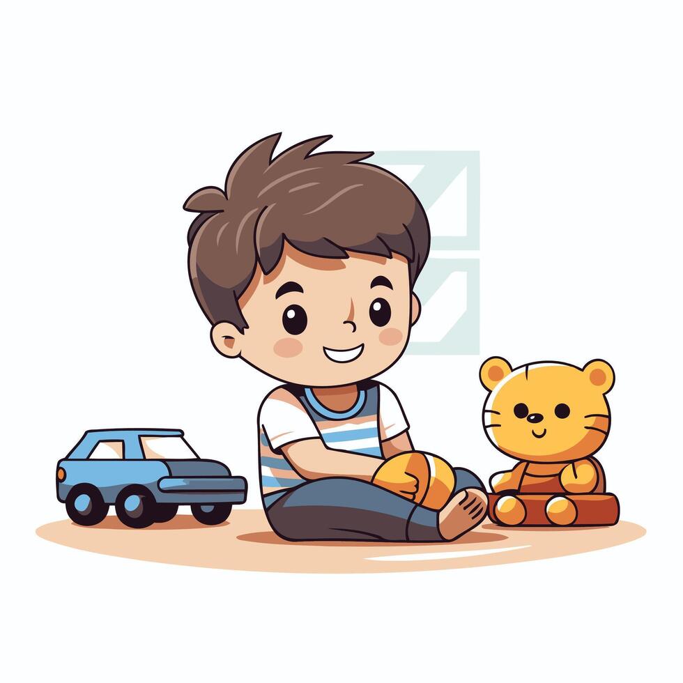 Cute little boy playing with toys illustration in cartoon style vector