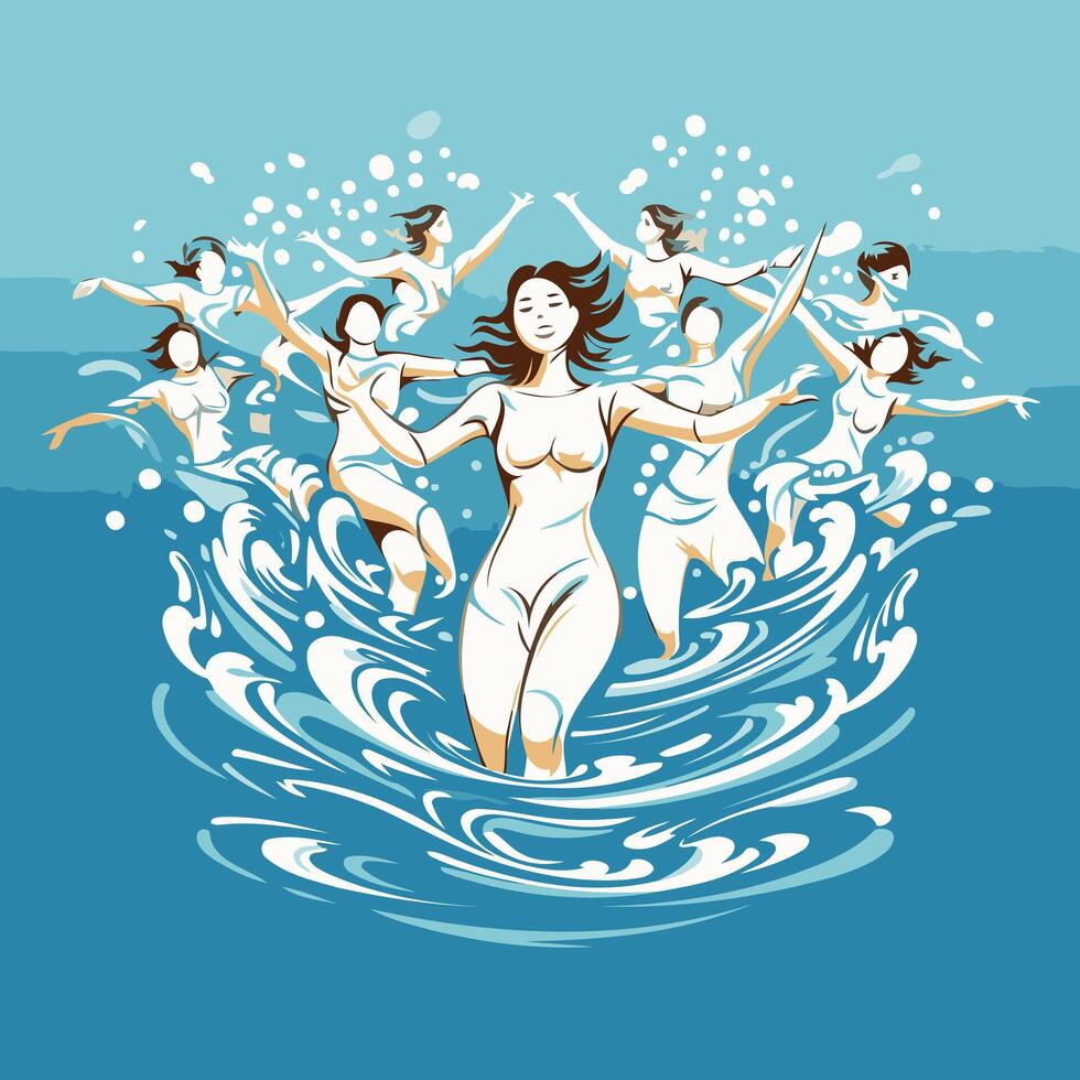 illustration of a group of young people dancing in the water vector