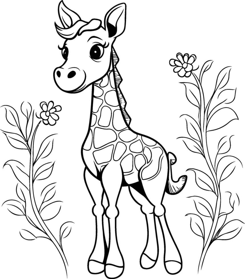 cute giraffe with flowers and leafs element illustration graphic design vector