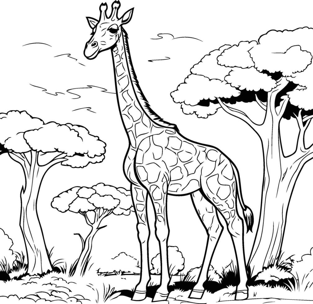 Giraffe in the savannah black and white illustration vector