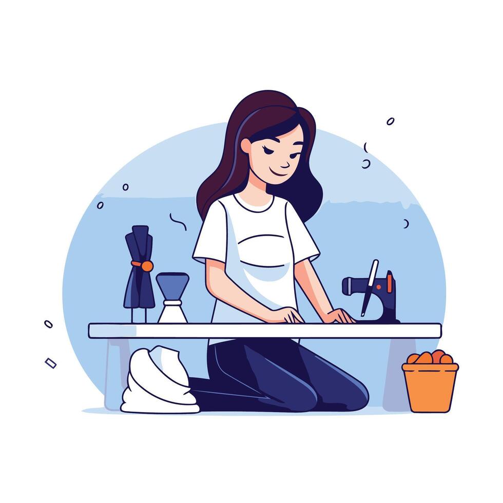 Woman seamstress at work illustration in flat cartoon style vector