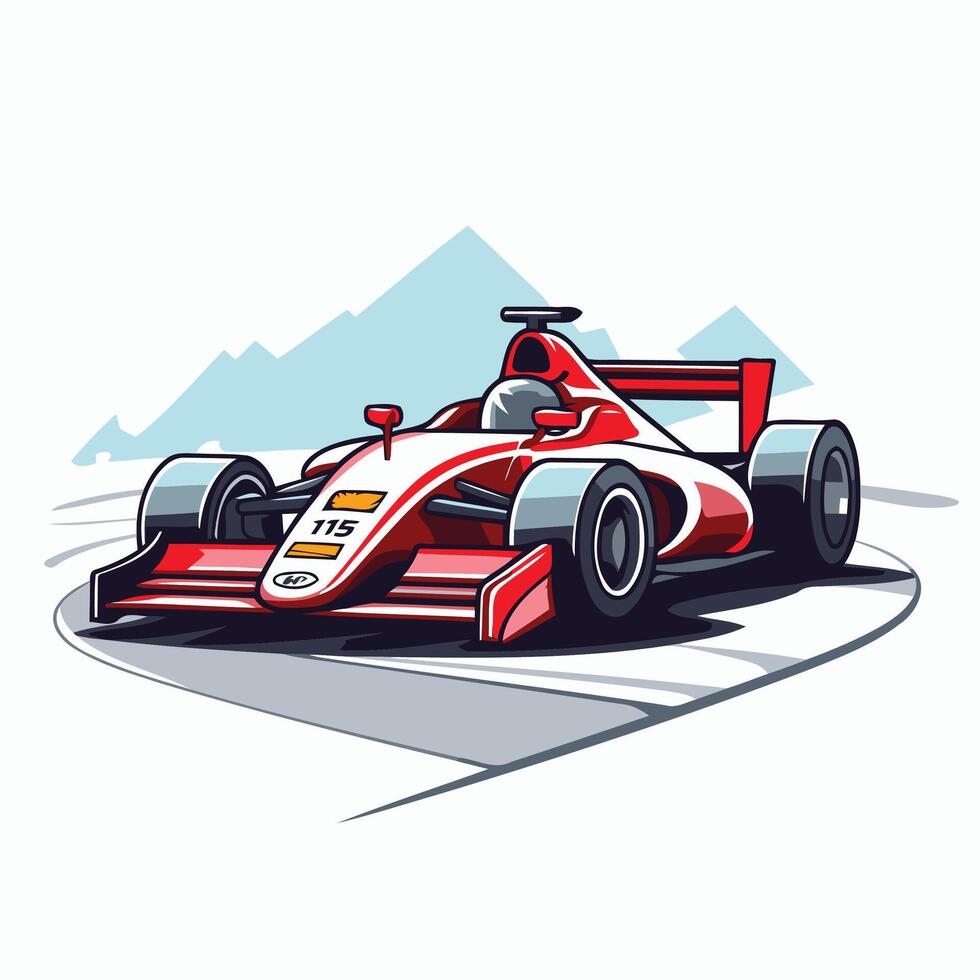 illustration of a racing car on a track with mountains in the background vector