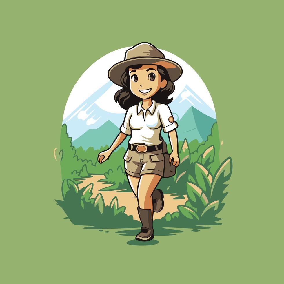 Illustration of a female hiker walking in the woods with a hat vector