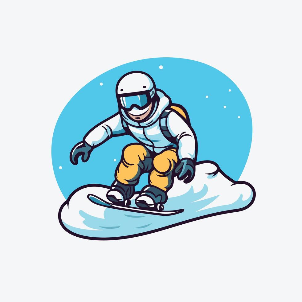 Snowboarder in helmet and goggles riding a snowboard illustration vector