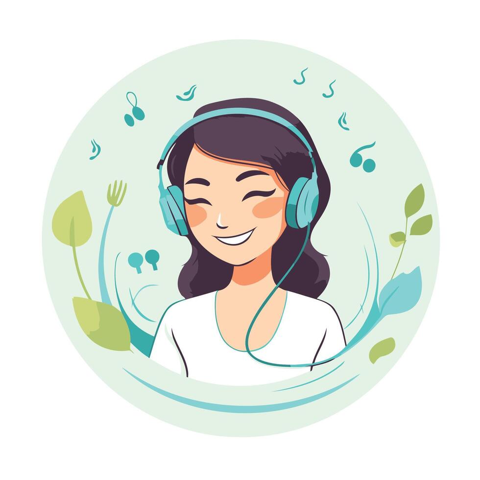 Young woman listening to music with headphones illustration in cartoon style vector