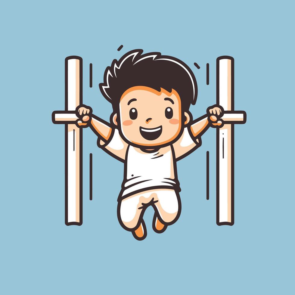 Cute little boy hanging on the bars cartoon illustration vector