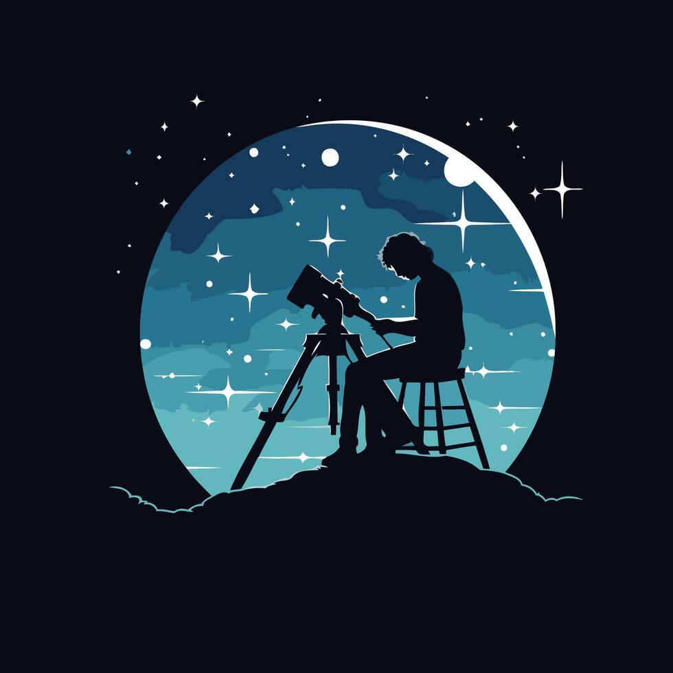Silhouette of a man sitting on a chair and looking through the telescope illustration vector