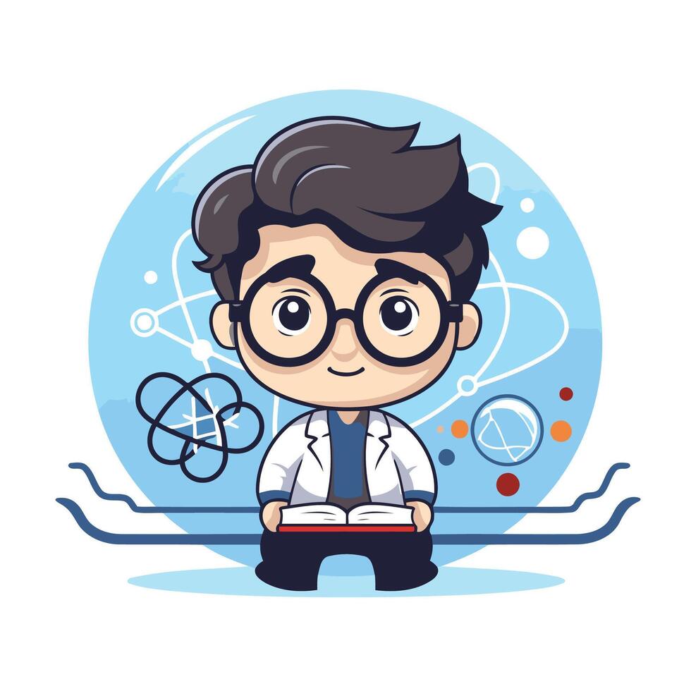 Scientist boy cartoon character illustration Science and education concept vector