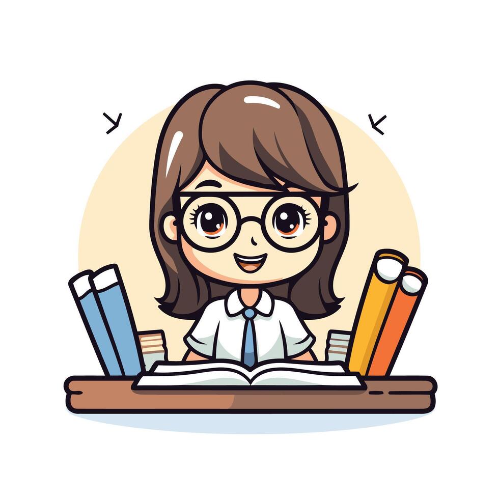 Cute little girl with glasses and books cartoon illustration vector