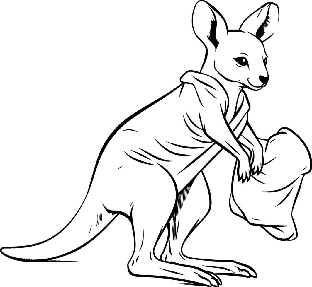 Kangaroo with a bag of food Black and white illustration vector