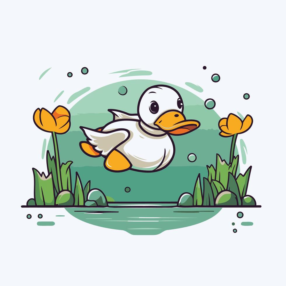 Cute duck in the garden illustration in cartoon style vector