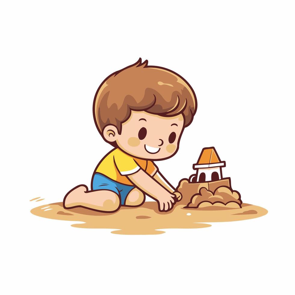 Cute little boy playing with sand and building a castle illustration vector