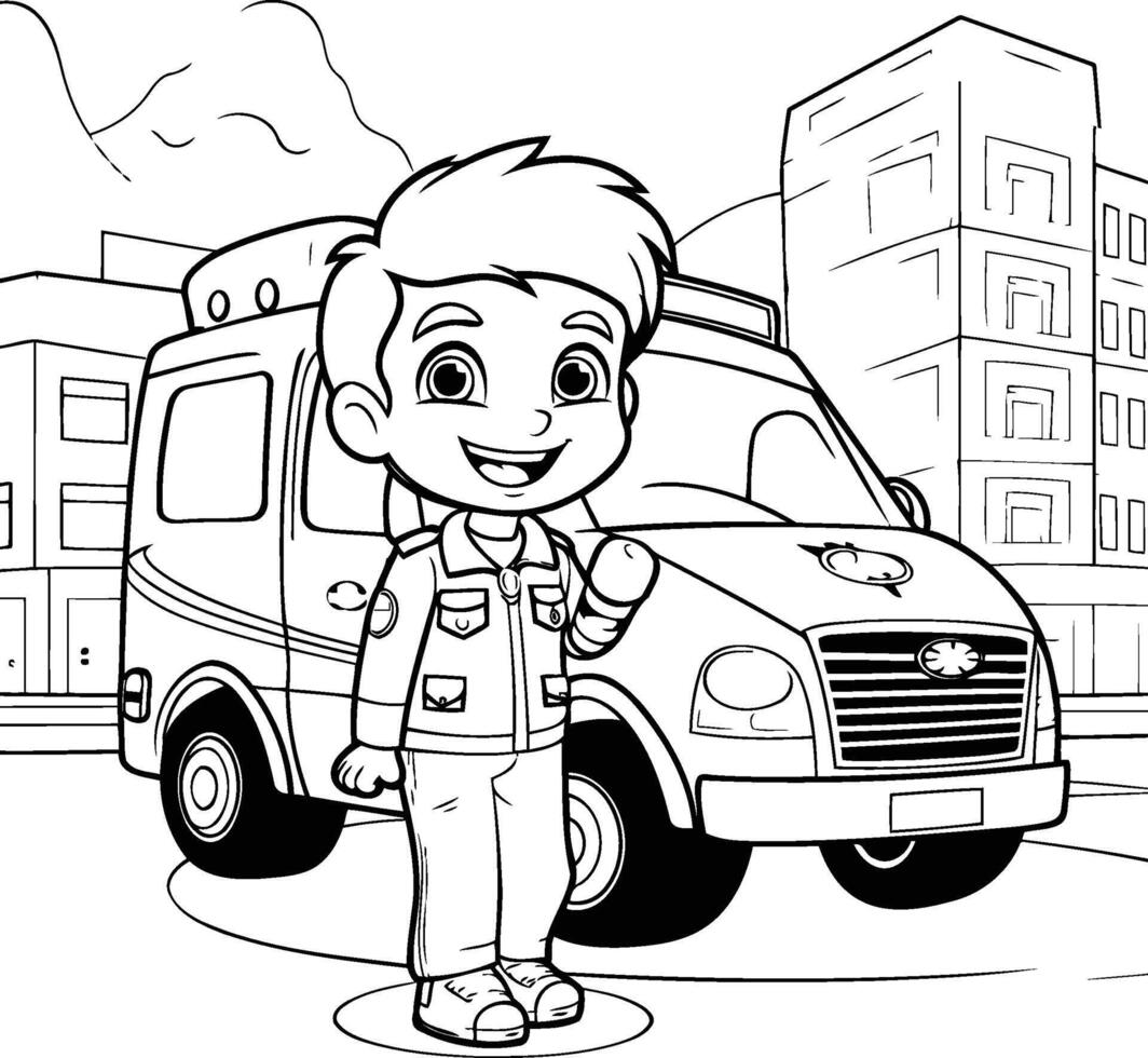 Black and White Cartoon Illustration of Kid Boy Scout or Elementary School Student with a Car or Truck for Coloring Book vector