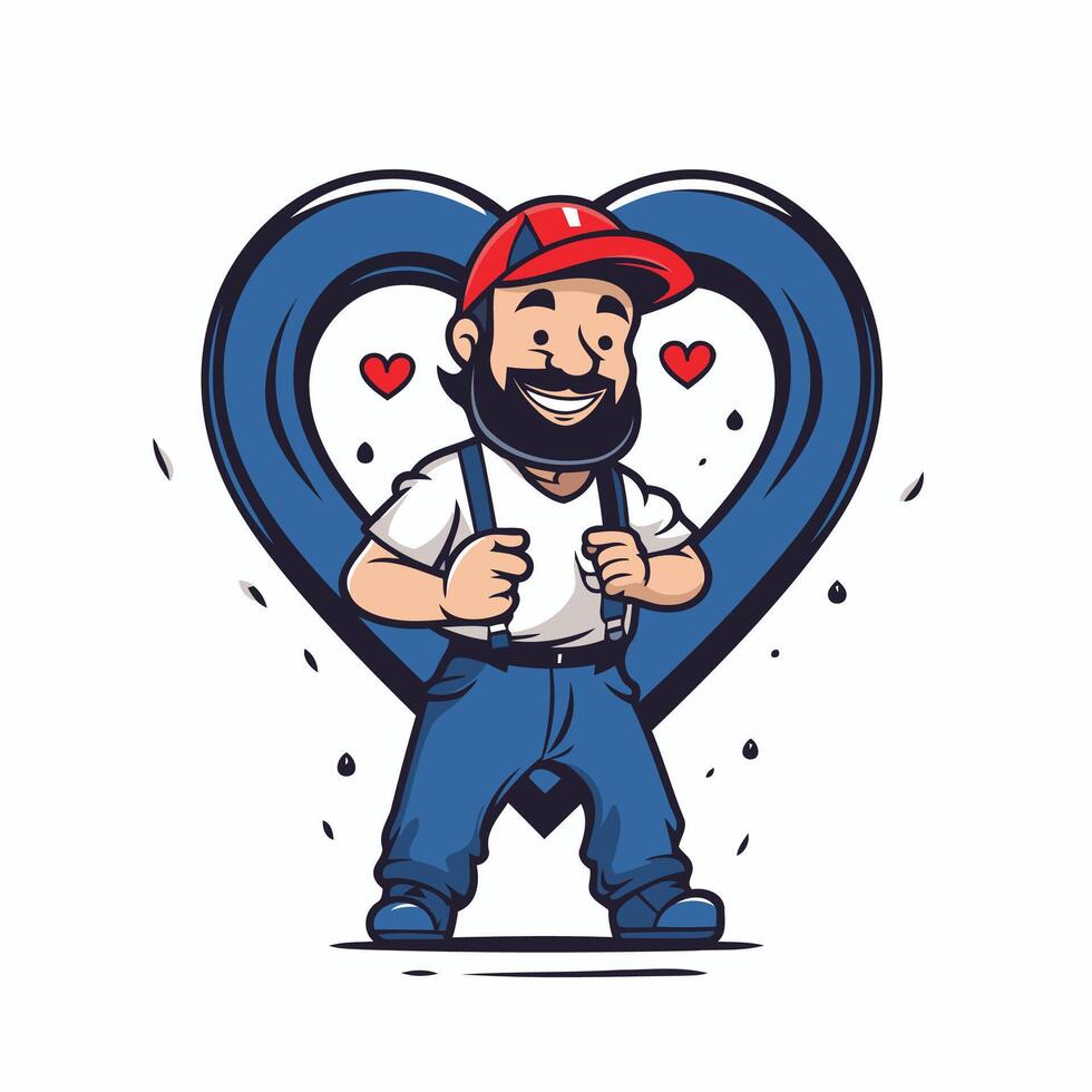 illustration of hipster man in hat and suspenders holding microphone in heart shape vector
