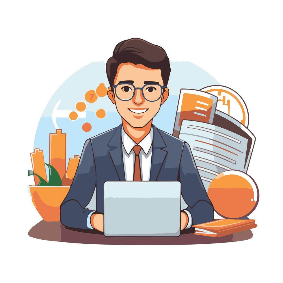 Businessman working on laptop at office illustration in cartoon style vector