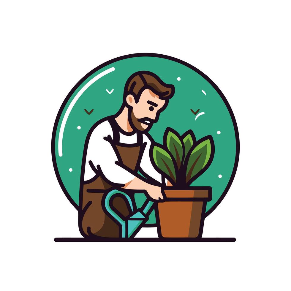 Gardener planting a flower in a pot illustration vector
