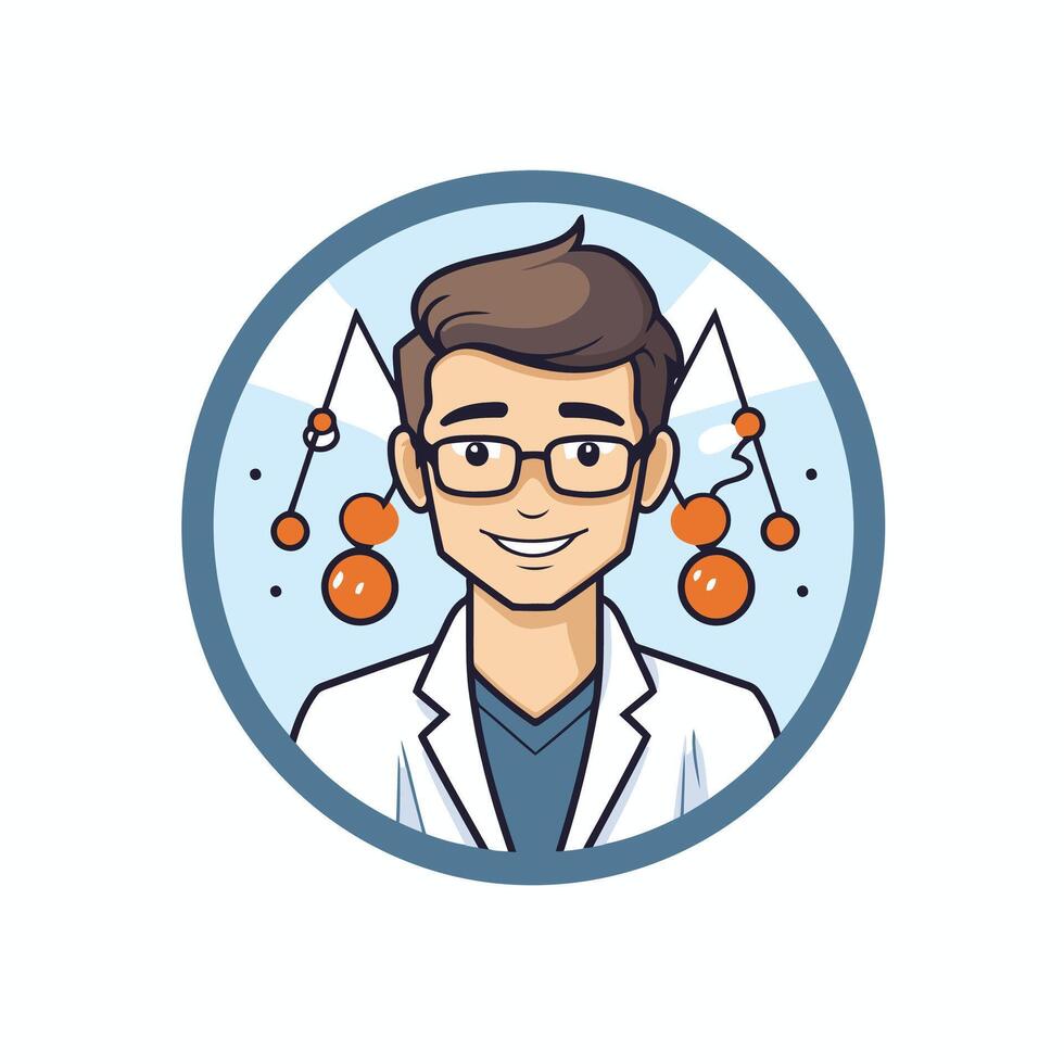 Scientist in round icon illustration of a scientist in lab coat and glasses vector