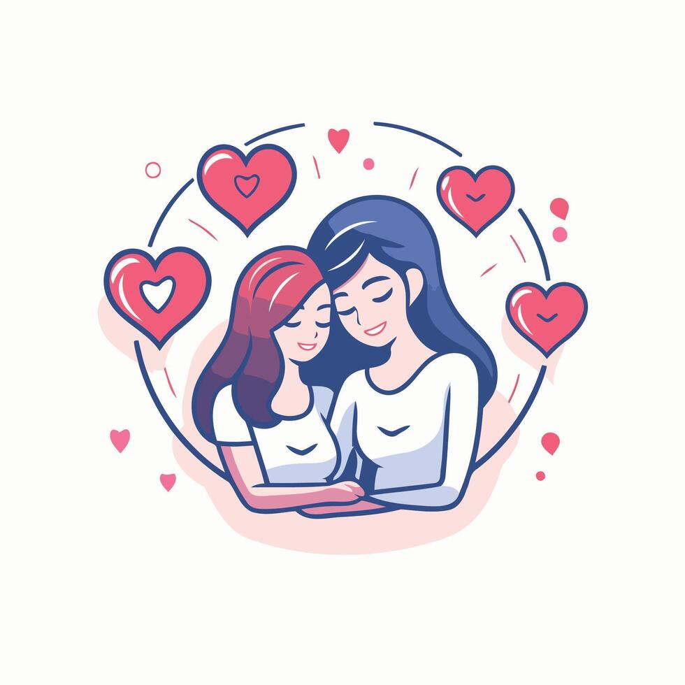 element illustration of two girls in love hugging each other with hearts around them vector