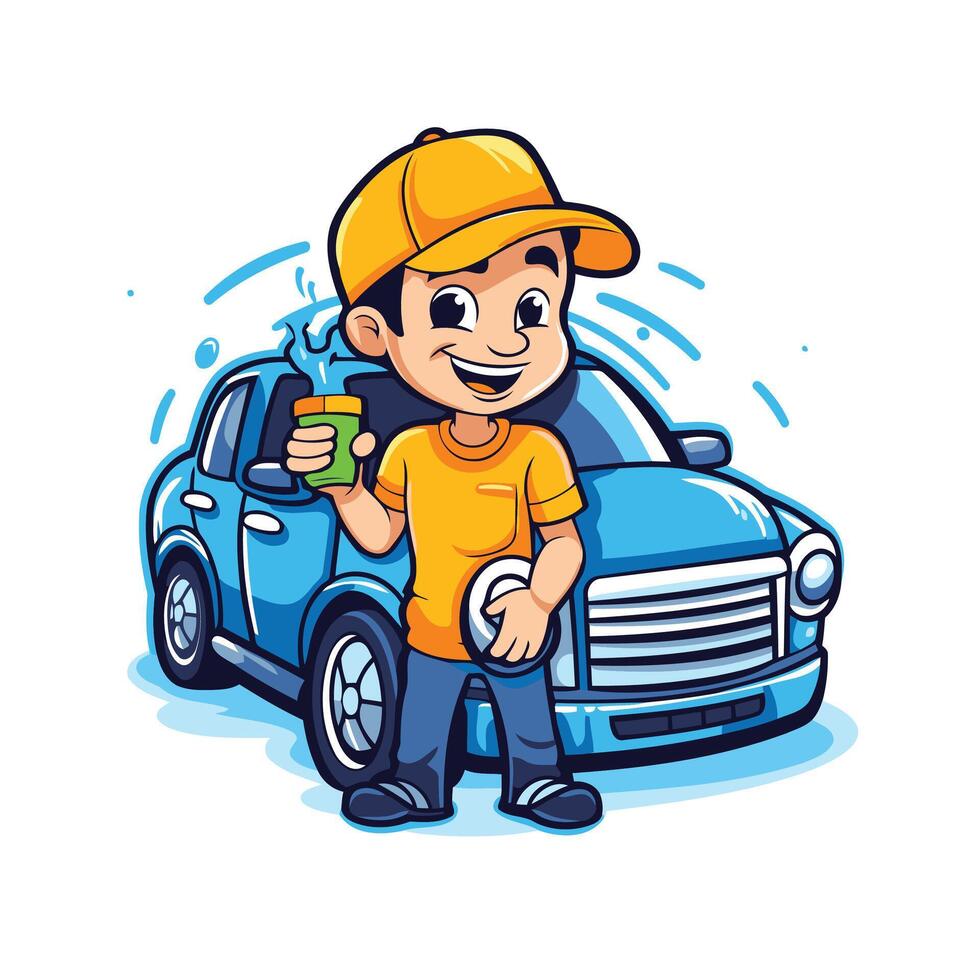 Cartoon car wash worker holding a cup of coffee illustration vector