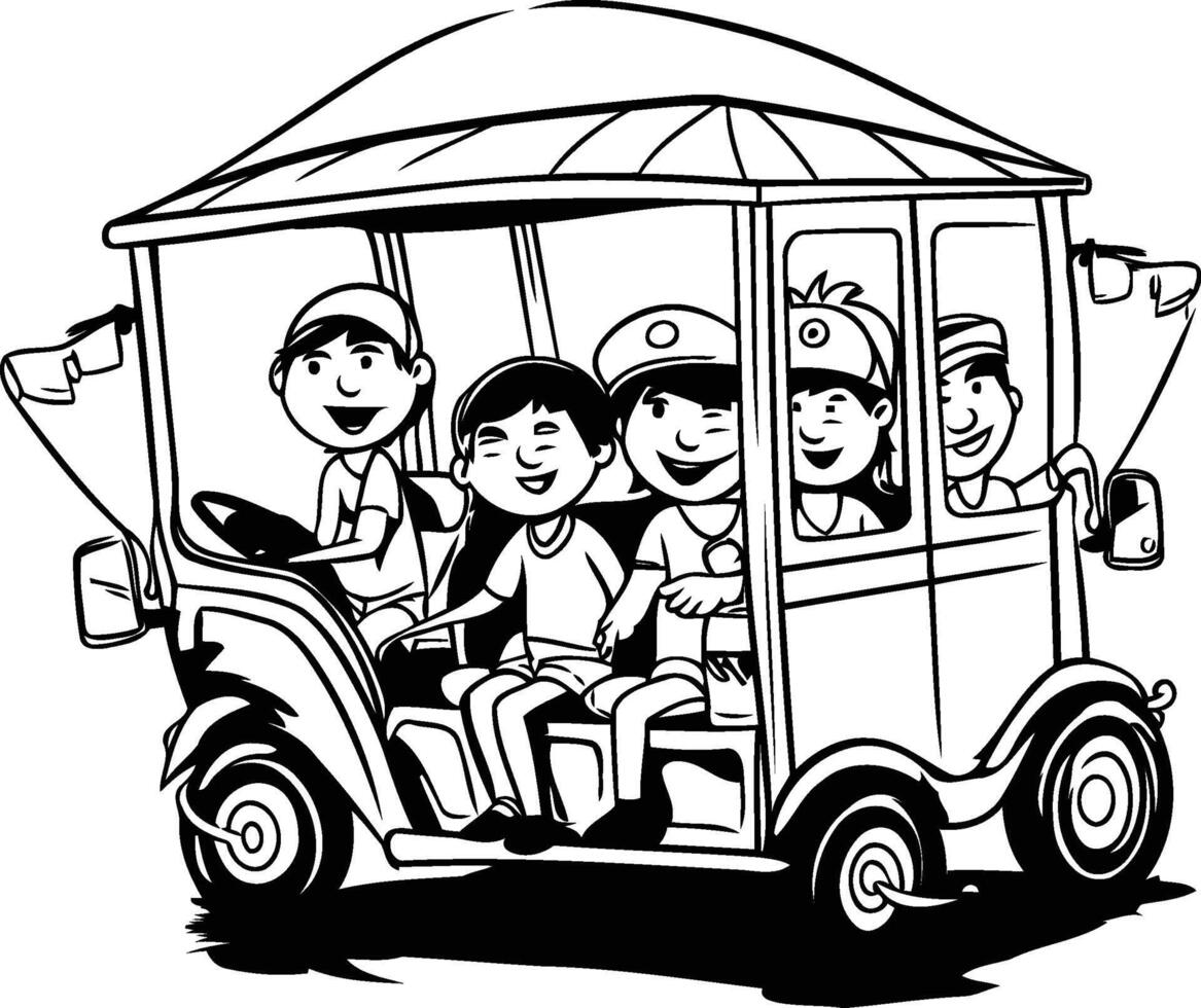 tuk tuk black and white illustration of a family driving a tuk vector