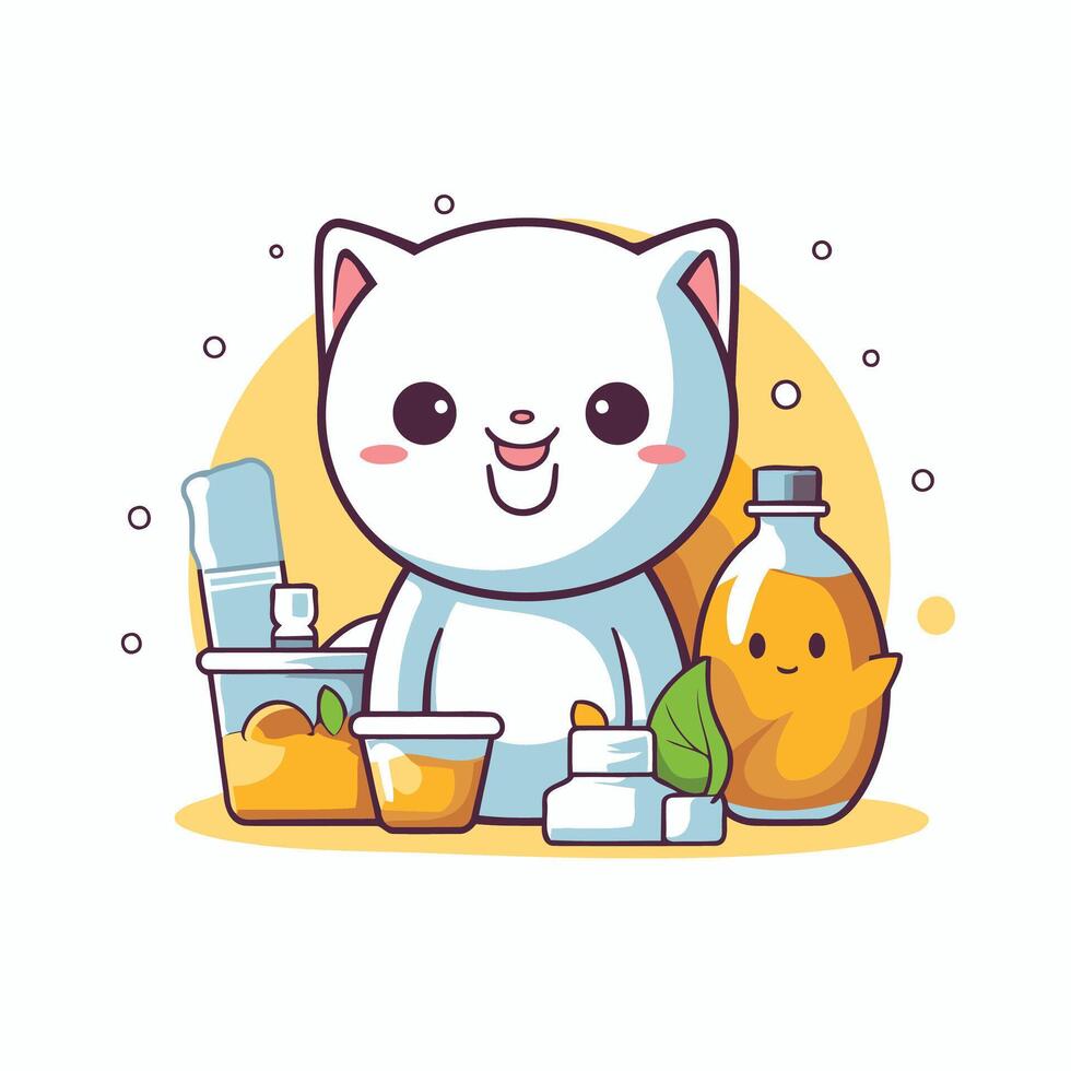 Cute kawaii cat with cosmetics flat illustration vector
