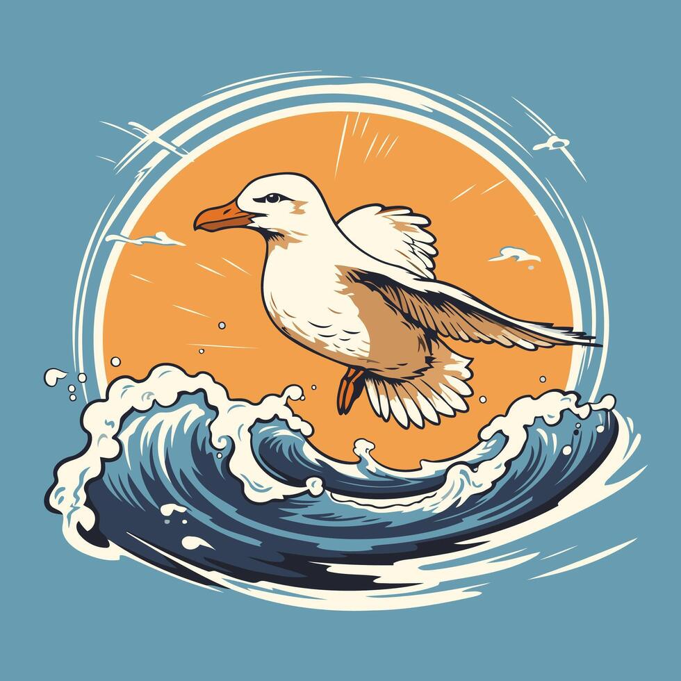 seagull flying on the wave illustration in vintage style vector