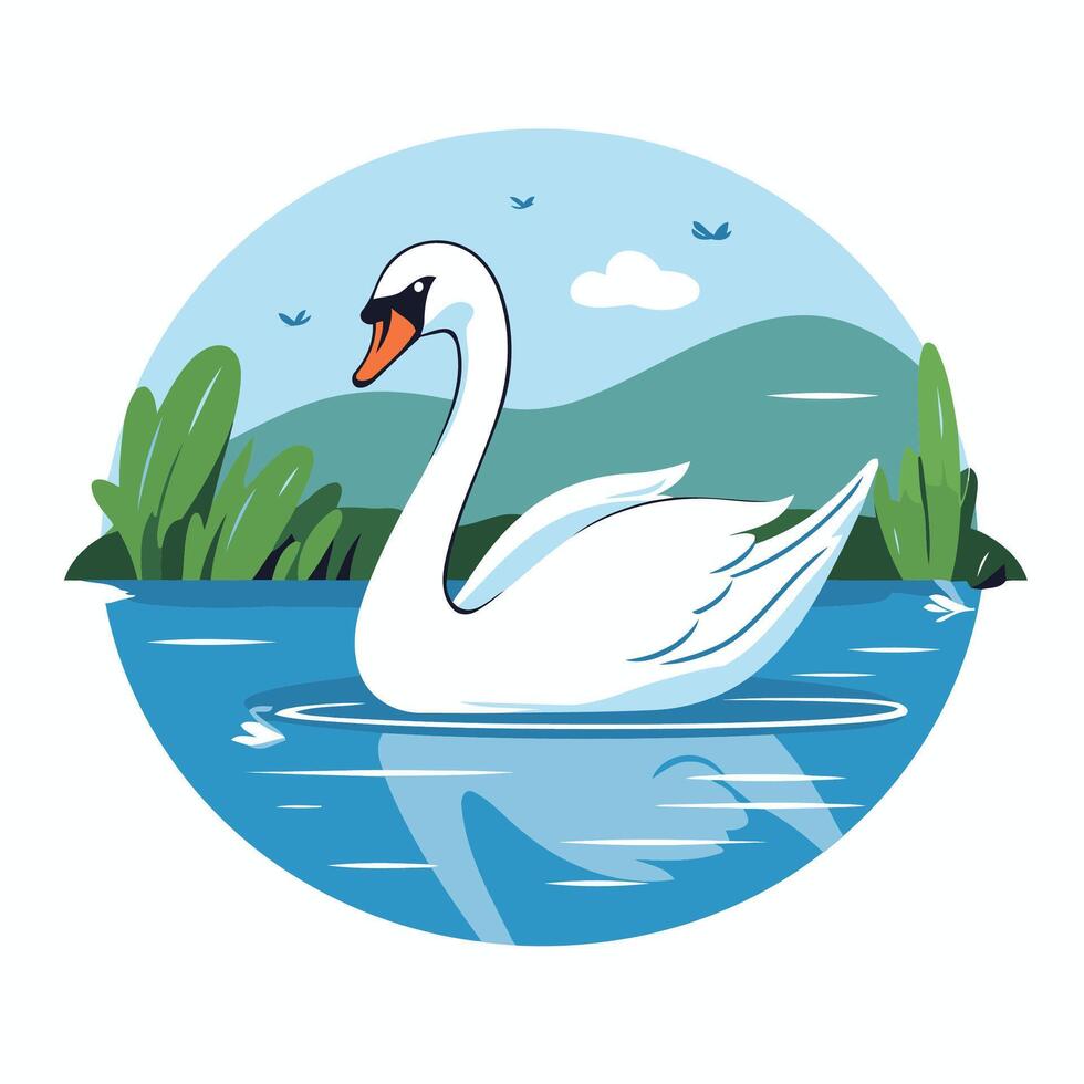 Swan swimming in the lake illustration in flat style vector