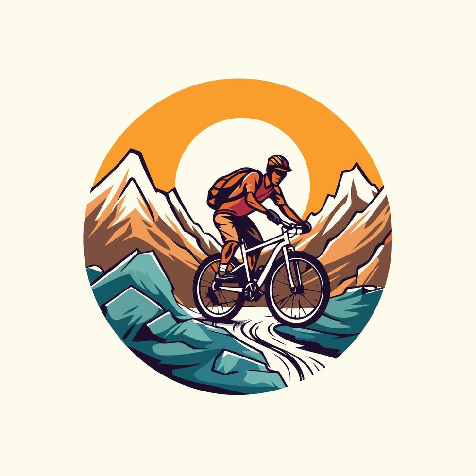 Mountain biker in the mountains illustration in retro style vector