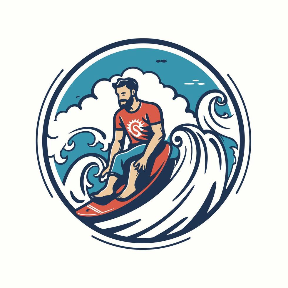 illustration of a man riding a surfboard on the waves vector